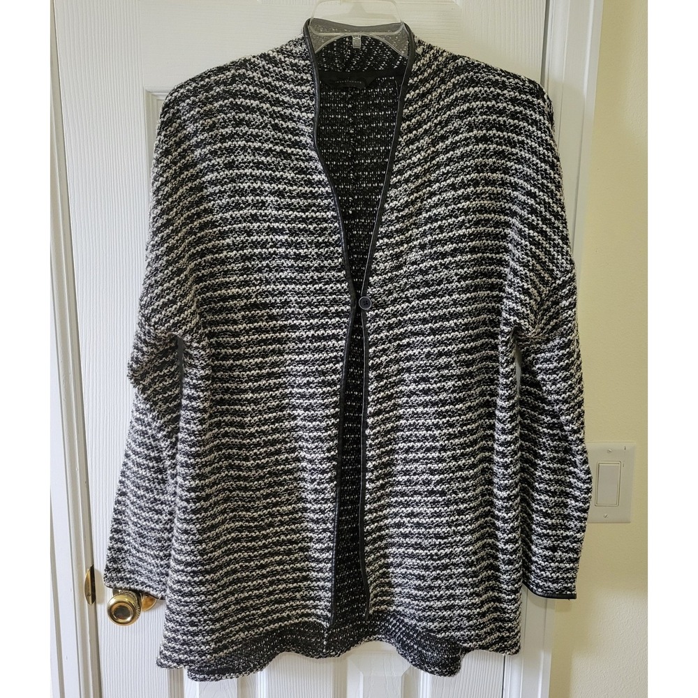 Investments Cardigan‎ Sweater Size L Black White Knit Striped Lightweight